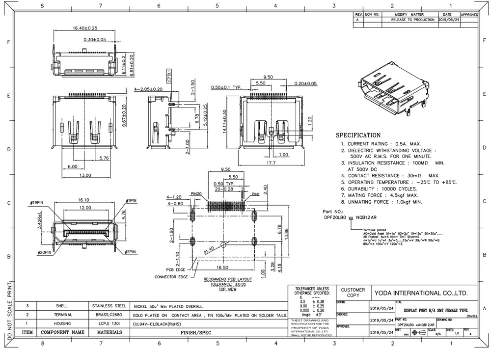 Yoda Displayport Connector R_a Smt Female Type Drawing